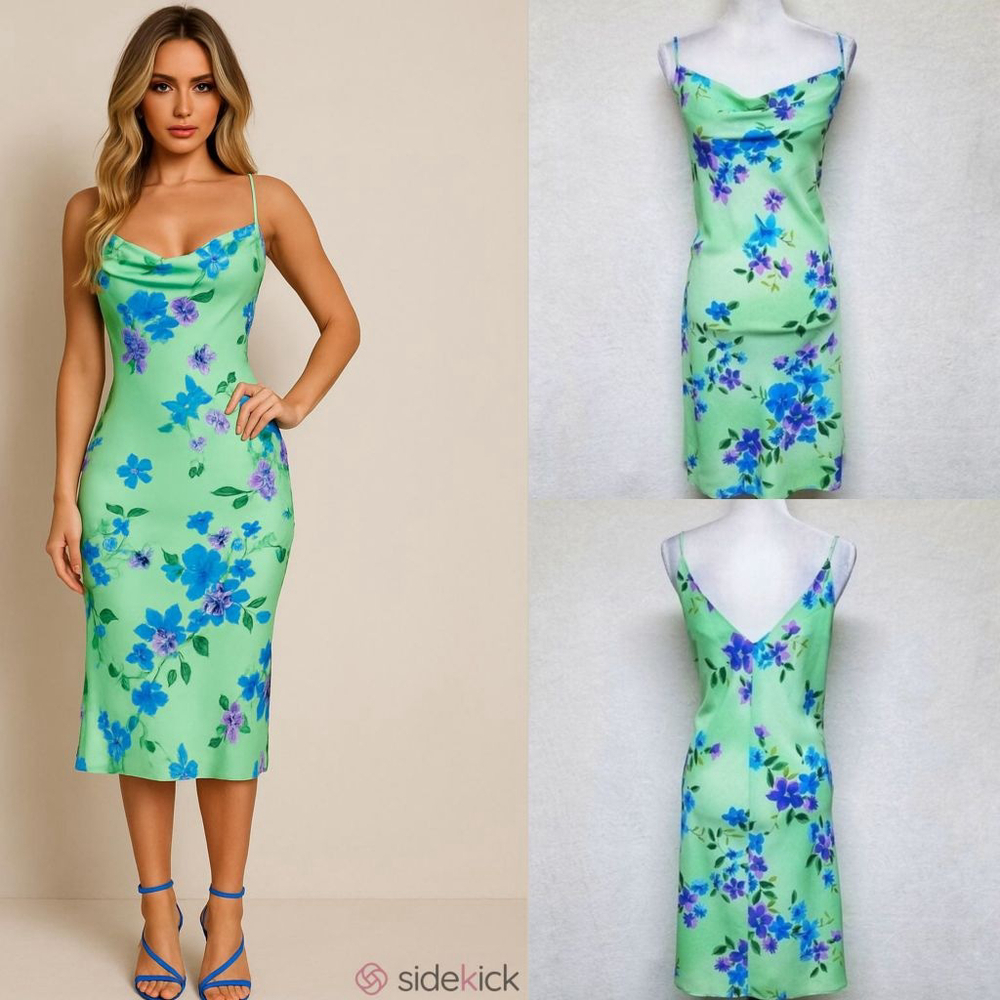 Deadstock Vintage 90s Giorgio Fiorlini Lime Green Floral Cowlneck Mini Dress 12